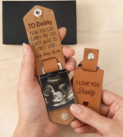 Leather New Dad Keychain, Custom Photo Keychain