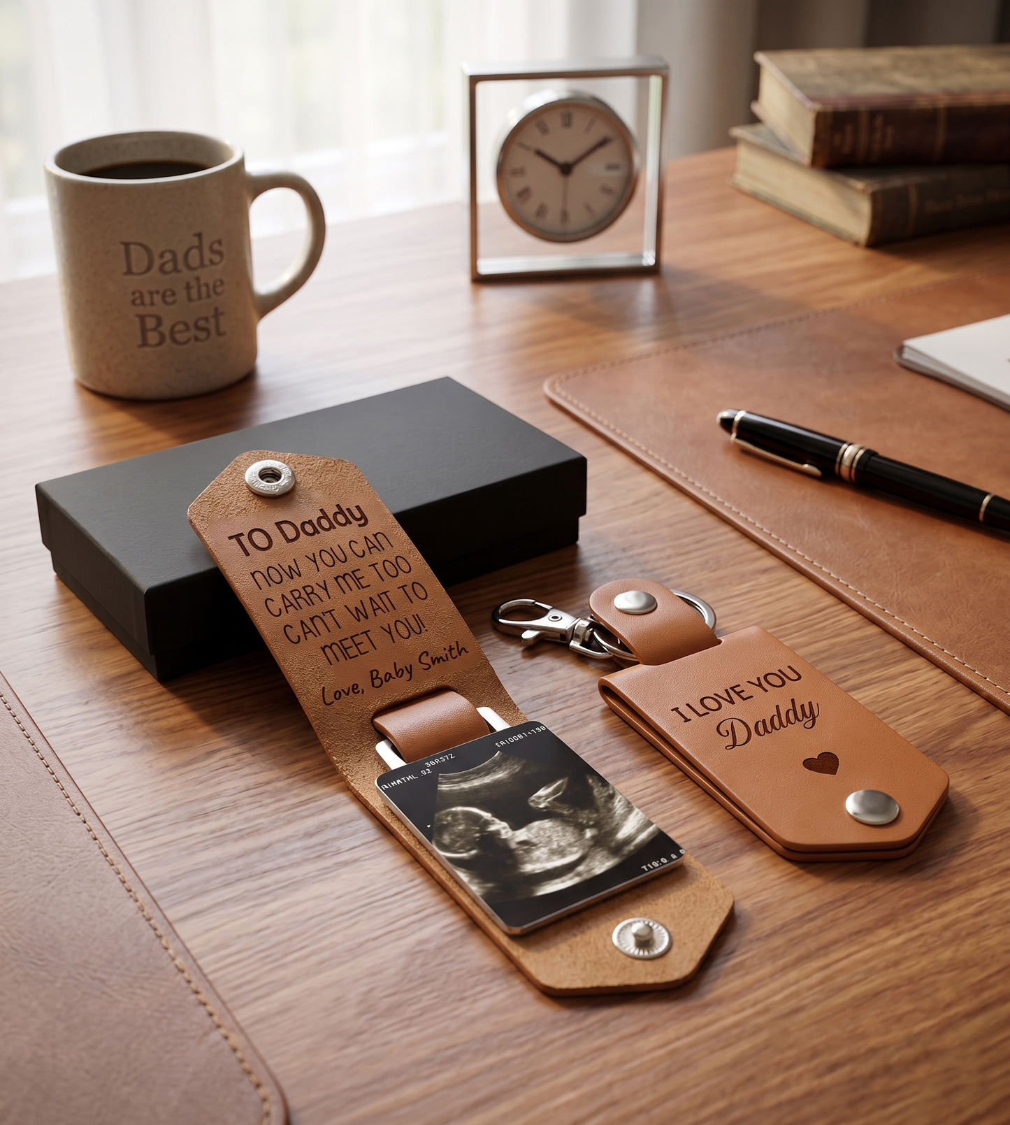 Leather New Dad Keychain, Custom Photo Keychain