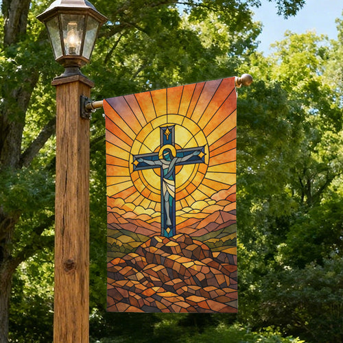 Stained Glass Crucifix Jesus Cross Christian Garden Flag