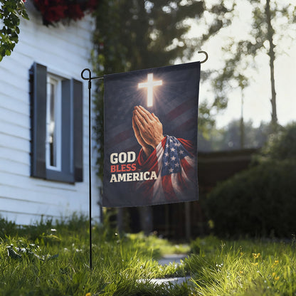 God Bless America Christian Prayer Hands Cross Patriotic Garden Flag