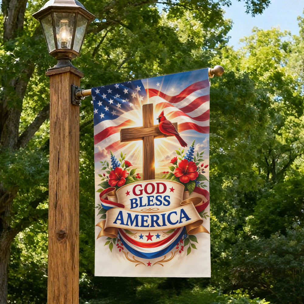 Christian Patriotic Garden Flag God Bless America Cross Decor
