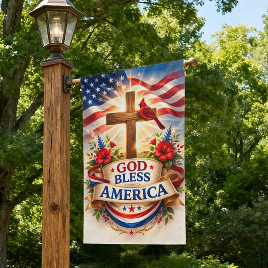 Christian Patriotic Garden Flag God Bless America Cross Decor