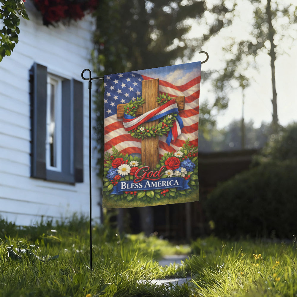 Vintage Christian Patriotic Cross God Bless America Garden Flag