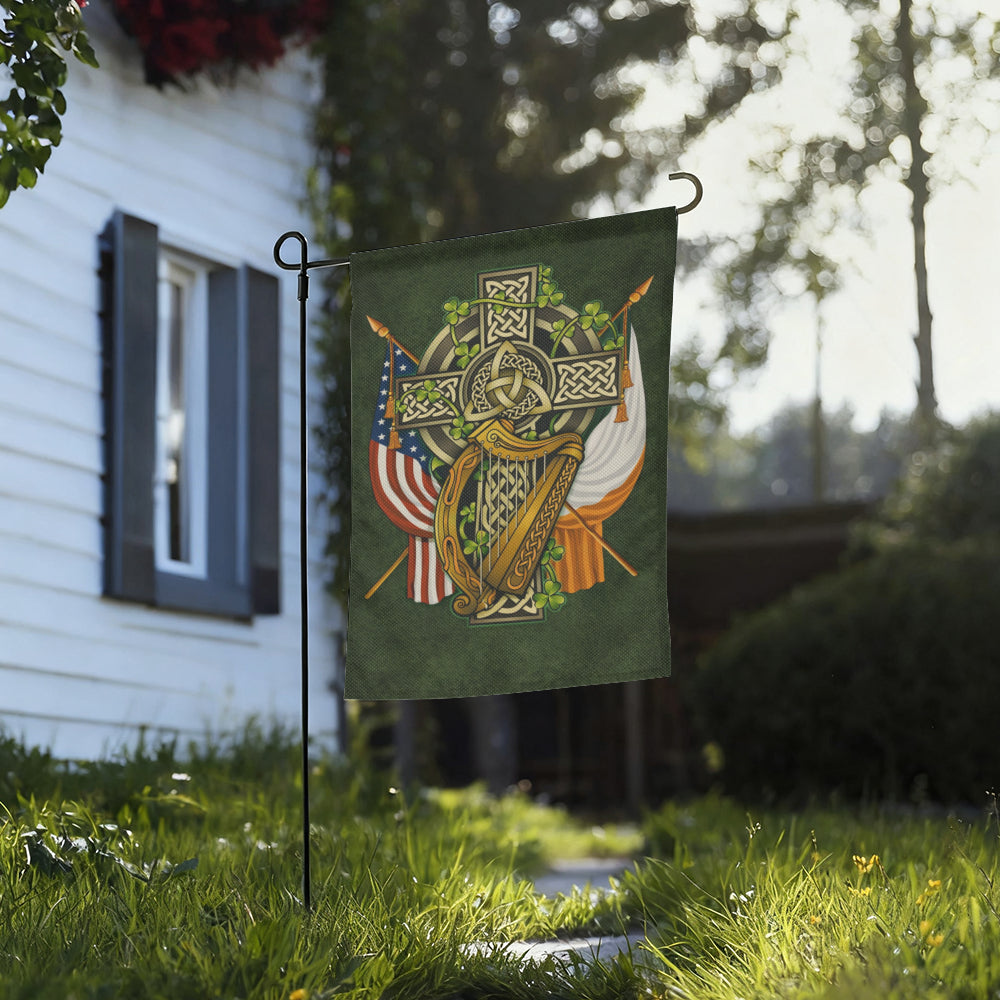 Irish American Celtic Cross Harp Shamrock Patriotic Garden Flag