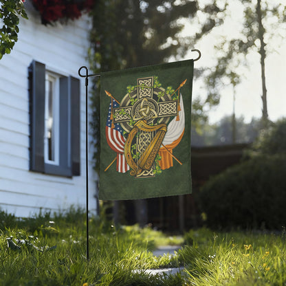 Irish American Celtic Cross Harp Shamrock Patriotic Garden Flag
