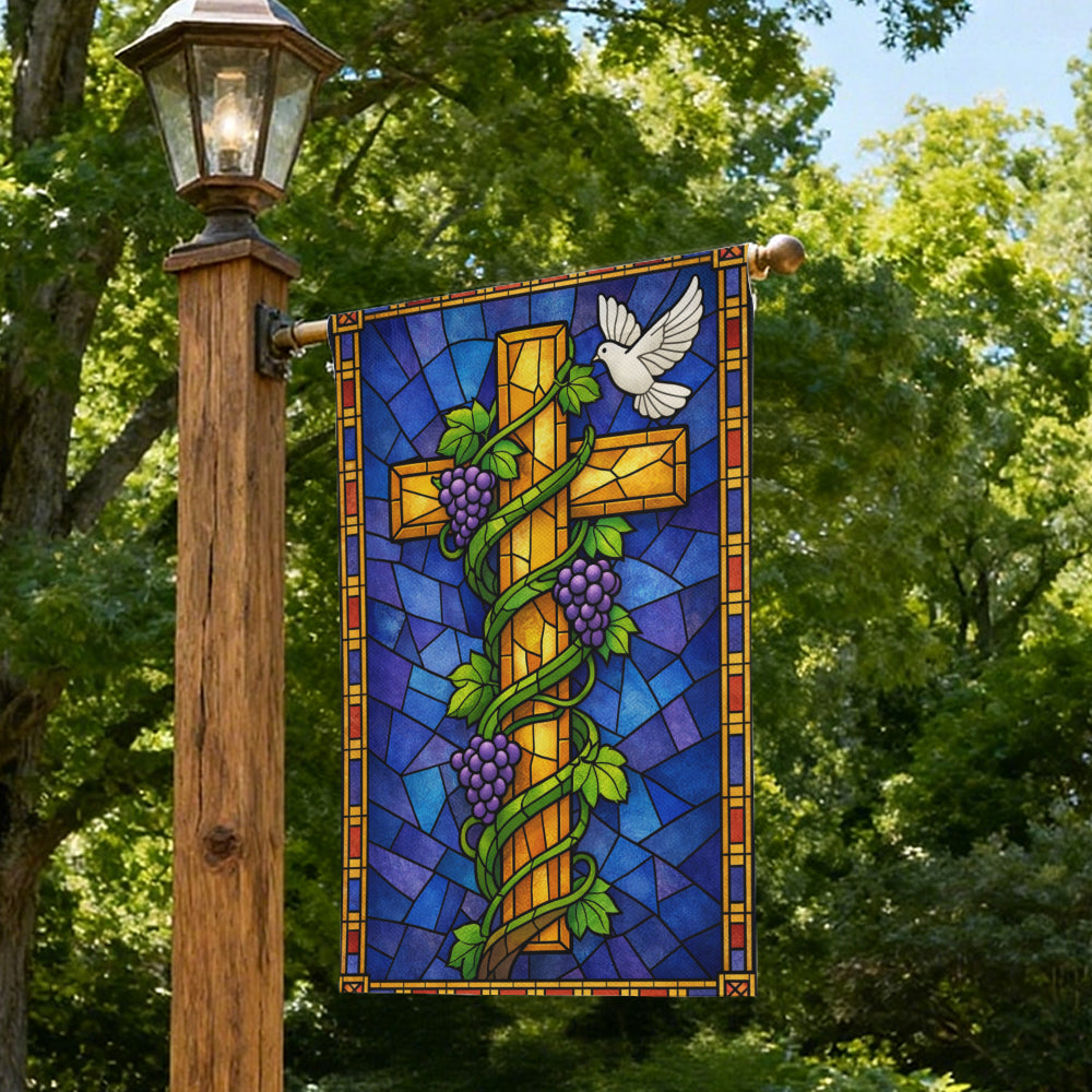 Stained Glass Christian Cross Grapevine Dove Garden Flag