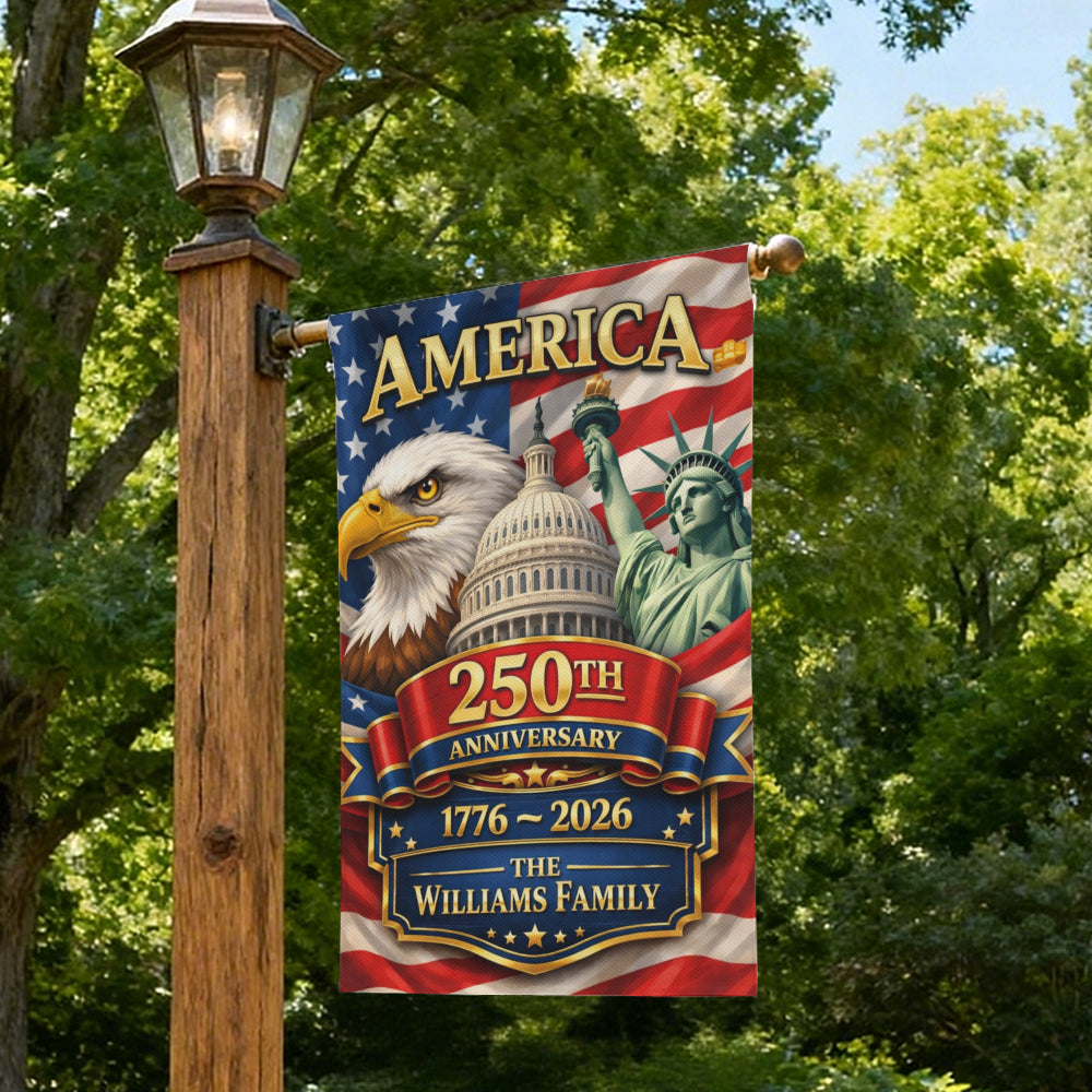 Custom Family Name America 250th Anniversary Patriotic Garden Flag